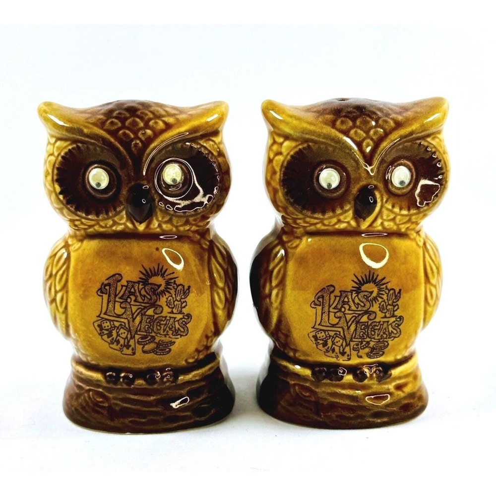 Vintage Las Vegas Ceramic Owl Salt and Pepper Shakers Japan Brown Glossy 4"